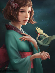  arms_up artist_name bad_id bad_pixiv_id bird bird_on_hand brown_hair cherry_blossoms commentary crane_(animal) english_commentary female fingernails flower green_eyes hair_flower hair_ornament highres japanese_clothes kimono lips long_sleeves looking_at_viewer nose original pink_flower red_lips red_sash robusta_mania sash solo wide_sleeves 