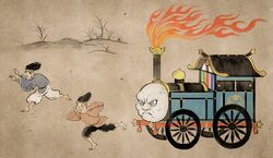  2boys anger_vein barefoot fine_art_parody fire fleeing frown grass hat ka92 male_focus multiple_boys nihonga parody running scared screaming style_parody tate_eboshi thomas_the_tank_engine thomas_the_tank_engine_(character) train wheel 