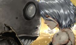  a2_(nier:automata) black_gloves commentary_request emil_(nier) facebook_username female forehead-to-forehead gloves grey_hair heads_together highres long_bangs nier:automata nier_(series) parted_lips profile robusta_mania short_hair solo_focus spoilers teeth twitter_username upper_body watermark web_address 