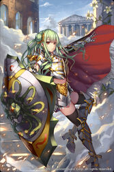  armor armored_boots blue_sky boots building cape closed_mouth cloud cloudy_sky commentary_request day female flower fog gauntlets green_hair gyakushuu_no_fantasica hair_bun hair_ornament high_heel_boots high_heels highres holding holding_shield knee_boots long_hair looking_at_viewer midriff musyne_xsk official_art outdoors photoshop_(medium) red_cape red_eyes shield single_hair_bun sky snake_hair solo stairs thighhighs thighhighs_under_boots watermark 