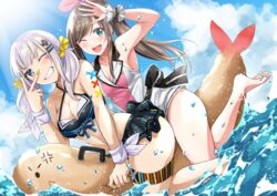  2girls ;d akihila anger_vein angry aqua_eyes bare_shoulders barefoot beach bikini black_bikini black_skirt blue_eyes blue_sky bow bowtie breasts brown_hair cleavage cloud collarbone commentary_request day feet frilled_skirt frills grey_hair hair_ornament hairband hairbow hairclip heart kaguya_luna kizuna_ai kizuna_ai_(elegant) kizuna_ai_inc. looking_at_viewer low_twintails medium_breasts multiple_girls nail_polish navel ocean one_eye_closed open_mouth outdoors ponytail shrimp sideboob skirt sky smile sunlight swimsuit the_moon_studio thigh_strap thighs twintails v virtual_youtuber water yellow_bow 