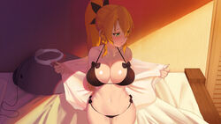  amusphere bedroom bikini black_bikini black_bow blonde_hair blush bow braid breasts chou_shippai-saku cleavage commentary_request cowboy_shot day elf female green_eyes hair_ornament hairbow halterneck highres hip_focus indoors large_breasts leafa long_hair looking_away looking_to_the_side navel off_shoulder on_bed parted_lips photoshop_(medium) pointy_ears ponytail sidelocks sitting solo swimsuit sword_art_online thighs visor 