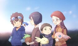  3boys :d bad_id bad_pixiv_id black_eyes black_hair blush blush_stickers brown_eyes brown_hair chibimon digimon digimon_(creature) digimon_adventure_02 feathers female glasses goggles goggles_on_head green_eyes grin hands_in_pockets hat hida_iori hood hoodie ichijouji_ken inoue_miyako jenrea long_hair long_sleeves minomon motomiya_daisuke multiple_boys open_mouth poromon purple_hair red_eyes short_hair smile turtleneck upamon wings 