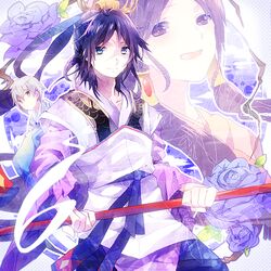  2boys bad_id bad_pixiv_id blue_eyes brother_and_sister chinese_clothes female flower long_hair magi_the_labyrinth_of_magic multiple_boys polearm purple_flower purple_hair purple_rose ren_hakuei ren_hakuryuu rose scar seishun_(magi) siblings toa_(sarara23) weapon 