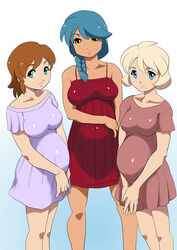  3girls aqua_eyes arisa_gunhale asada_okina blonde_hair blue_hair braid brown_hair commentary_request dress emily_armond gundam gundam_age long_hair multiple_girls pregnant romary_stone short_hair single_braid smile yellow_eyes 