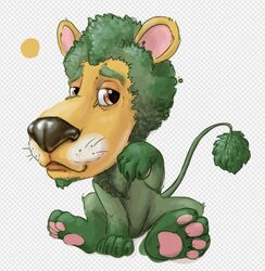  afro amethystbeetle avoid_posting brown_eyes felid fur green_body green_fur lion looking_at_viewer male mammal pantherine parsley pawpads paws plant shy simple_background solo the_herbs 