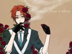  axis_powers_hetalia black_gloves cigar flower gloves green_eyes hetalia red_hair rolled_up_sleeves rose roses scotland_(hetalia) sleeves_rolled_up 