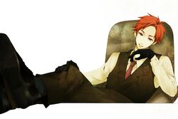  axis_powers_hetalia black_gloves cocky crossed_ankles desk formal gloves green_eyes hetalia reclined red_hair scotland_(hetalia) soft_smile suit 