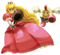  blonde_hair blue_eyes byte_(pixiv1324074) crown dress earrings elbow_gloves frying_pan gloves jewelry long_hair mallow mario_(series) nintendo princess_peach super_mario super_mario_bros. super_mario_rpg very_long_hair 