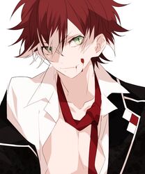  1boy blood closed_mouth collarbone diabolik_lovers green_eyes kiri_(qoo) looking_at_viewer male_focus necktie oerba_yun_fang red_hair sakamaki_ayato school_uniform simple_background solo unbuttoned uniform upper_body vampire white_background 