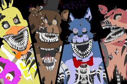  2018 animatronic anthro avian bear bird bow_(feature) bow_tie buntaten canid canine chicken digital_media_(artwork) five_nights_at_freddy&#039;s five_nights_at_freddy&#039;s_4 fox galliform gallus_(genus) group hi_res lagomorph leporid machine mammal nightmare_bonnie_(fnaf) nightmare_chica_(fnaf) nightmare_cupcake_(fnaf) nightmare_foxy_(fnaf) nightmare_freddy_(fnaf) phasianid rabbit robot scottgames teeth 