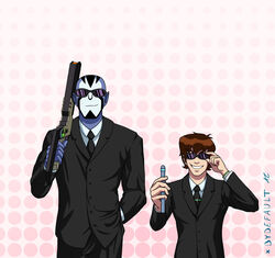  2boys ben_10 ben_10:_omniverse ben_tennyson brown_hair commentary_request formal male_focus men_in_black multiple_boys necktie neuralyzer omnitrix rook_blonko smile suit sunglasses xbydefault 