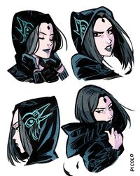  commentary_request dc_comics female forehead_jewel gabriel_picolo highres hood hoodie lipstick makeup multiple_views purple_hair raven_(dc) short_hair teen_titans 