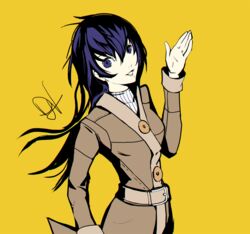  bad_id bad_tumblr_id belt blue_eyes blue_hair coat cowboy_shot dh_(brink_of_memories) female lips long_hair long_sleeves looking_at_viewer persona persona_4 persona_x_detective shirogane_naoto signature simple_background smile solo waving winter_clothes winter_coat yellow_background 