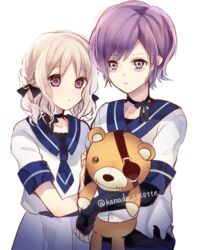  1boy bags_under_eyes blonde_hair carrying choker diabolik_lovers eyepatch female ichinose_(sorario) komori_yui pink_eyes purple_eyes purple_hair ribbon sailor_uniform sakamaki_kanato short_twintails simple_background stuffed_animal teddy_(diabolik_lovers) teddy_bear twintails twitter_username upper_body wavy_hair white_background 