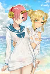  2girls angry bandages bikini bikini_under_clothes blonde_hair blue_eyes blush breasts commentary_request cosplay costume_switch detached_sleeves double_bun fate/grand_order fate_(series) frankenstein&#039;s_monster_(fate) frankenstein&#039;s_monster_(swimsuit_saber)_(fate) frankenstein&#039;s_monster_(swimsuit_saber)_(fate)_(cosplay) frankenstein&#039;s_monster_(swimsuit_saber)_(third_ascension)_(fate) frown green_eyes hair_bun hair_ornament hair_over_one_eye hairclip headgear highres horns hug hug_from_behind komainu_(yamaha1997) mechanical_horns mordred_(fate) mordred_(swimsuit_rider)_(fate) mordred_(swimsuit_rider)_(fate)_(cosplay) mordred_(swimsuit_rider)_(second_ascension)_(fate) multiple_girls ocean outdoors pink_hair red_bikini sailor_collar short_hair side-tie_bikini_bottom single_detached_sleeve single_horn small_breasts smile swimsuit thigh_gap 