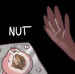  ambiguous_gender black_background bodily_fluids canid canine disembodied_hand drupe_(fruit) duo english_text food fox fruit holding_food holding_object humor keke_(artist) mammal meme nervous nut_(fruit) nut_button pepin_(keke) plant pun pushbutton reaction_image simple_background sweat text visual_pun walnut 