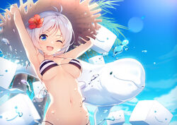  .live :d ahoge animal antenna_hair armpits arms_up bare_arms bare_shoulders beluga_whale bikini black_bikini blue_eyes blue_sky breasts breasts_apart cloud collarbone commentary covered_nipples cube day dennou_shoujo_siro female flower hair_flower hair_ornament halterneck happy hat hibiscus lens_flare looking_at_viewer medium_breasts midriff navel nijihashi_sora one_eye_closed open_mouth outdoors palm_tree shiny short_hair sky smile solo_focus stomach straw_hat string_bikini striped_bikini striped_clothes summer sun_hat swimsuit tree underboob upper_body virtual_youtuber water_drop white_bikini white_hair 