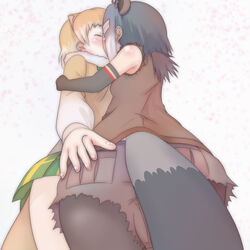  2girls american_beaver_(kemono_friends) animal_ears beaver_ears beaver_tail black-tailed_prairie_dog_(kemono_friends) blush closed_eyes commentary_request elbow_gloves fur_collar gloves grey_hair hair_ornament kemono_friends kissing multicolored_hair multiple_girls pantyhose short_hair t_jiroo_(ringofriend) tail yuri 