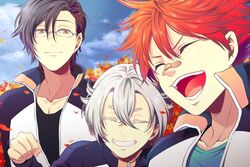  3boys :d aizen_kunitoshi akashi_kuniyuki bandaid bandaid_on_face clenched_hand closed_eyes collarbone colored_eyelashes commentary_request flipped_hair glasses grin hair_ornament hairclip hotarumaru jacket male_focus multiple_boys open_clothes open_jacket open_mouth pectorals purple_hair red_hair smile teeth touken_ranbu upper_body white_hair yuraku 