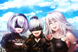  1boy 2girls ^_^ android blindfold dtcy happy multiple_girls nier_(series) nier_automata sky smile white_hair yorha_no._2_type_b yorha_no._9_type_s yorha_type_a_no._2 