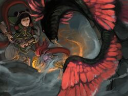  2014 4:3 avian black_hair couatl detailed_background digital_media_(artwork) digital_painting_(artwork) duo feathered_scalie feathered_snake feathered_wings feathers fight hair hi_res holding_object holding_weapon human mammal melee_weapon nezha_(deity) polearm reptile scalie shwonky smite snake spear weapon wings 