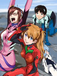  1boy 3girls ayanami_rei black_hair blue_hair bodysuit brown_hair commentary_request evangelion:_2.0_you_can_(not)_advance glasses highres ikari_shinji interface_headset light_brown_hair looking_up maabou makinami_mari_illustrious multiple_girls neon_genesis_evangelion open_mouth orange_hair pink_bodysuit plugsuit rebuild_of_evangelion sitting sleeping souryuu_asuka_langley white_hair yawning 