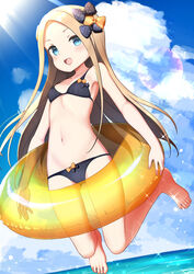  :d abigail_williams_(fate) bare_legs barefoot bell_(oppore_coppore) bikini black_bikini blonde_hair blue_sky bow breasts day dutch_angle fate/grand_order fate_(series) female full_body hairbow horizon innertube long_hair looking_at_viewer lowleg lowleg_bikini navel open_mouth outdoors parted_bangs sidelocks sky small_breasts smile solo sunlight swim_ring swimsuit 