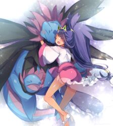  affectionate big_hair blush closed_eyes commentary_request dark-skinned_female dark_skin female hug hydreigon iris_(pokemon) kanro_ame_(ameko) long_hair multiple_heads one_eye_closed open_mouth pokemon pokemon_(creature) pokemon_bw2 purple_hair red_eyes smile tiara two_side_up 