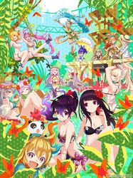  6+girls :d ahoge anklet antenna_hair aphrodite_(phantom_of_the_kill) arm_up arondight_(phantom_of_the_kill) barefoot bikini black_bikini black_hair blonde_hair blue_bikini brahmastra_(phantom_of_the_kill) breasts brown_eyes cleavage closed_eyes collarbone dark-skinned_female dark_skin dulyn durandal_(phantom_of_the_kill) eating eros_(phantom_of_the_kill) floating_hair floral_print flower food freikugel grey_hair grey_shirt hair_between_eyes hair_flower hair_ornament hair_over_one_eye hat head_wreath hibiscus high_ponytail highres holding holding_food hood huge_breasts jewelry laevateinn_(phantom_of_the_kill) large_breasts long_hair long_legs looking_up luin_(phantom_of_the_kill) masamune_(phantom_of_the_kill) midriff mistilteinn_(phantom_of_the_kill) multiple_girls muramasa_(phantom_of_the_kill) naegling navel oerba_yun_fang open_mouth phantom_of_the_kill pink_hair ponytail purple_eyes red_eyes red_flower shirt shu_(phantom_of_the_kill) sideboob sitting smile stomach strapless strapless_bikini sun_hat swimsuit tathlum_(phantom_of_the_kill) tied_shirt twintails underboob vanargand_(phantom_of_the_kill) very_long_hair white_flower white_shirt wrist_cuffs yellow_flower yellow_hat 