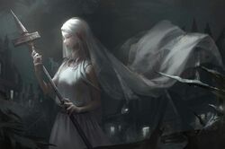  artist_name belt blue_eyes building commentary company_captain_yorshka dark_souls_(series) dark_souls_iii elf facial_mark female half-closed_eyes jlien- long_hair night outdoors pale_skin pointy_ears polearm solo spear veil weapon white_hair 