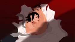  1boy 1girls after_sex ashi asleep black_hair canon_couple closed_eyes couple daughters_of_aku embrace female floor happy happy_female happy_male hero heroine in_bed in_love intimate love male muscular_male nude romantic romantic_couple samurai_jack samurai_jack_(character) sleeping thin_female villainess zone 