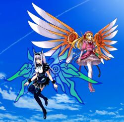  2girls arm_cannon black_legwear blonde_hair blue_eyes boots commentary_request day dodonpachi dodonpachi_daioujou dodonpachi_saidaioujou energy_wings espgaluda flying garter_straps highres light_purple_hair long_hair maria_(saidaioujou) mechanical_wings multiple_girls shotia sky tatsumi_kei_(t_k) thigh_boots thighhighs weapon white_legwear wings 