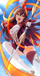  absurdres aiming amber_(100_outrider)_(genshin_impact) amber_(genshin_impact) blue_sky crossbow day female fire full_body genshin_impact gloves hair_ribbon highres holding holding_weapon jacket long_hair md5_mismatch onimoti open_clothes open_jacket open_mouth orange_eyes red_jacket red_ribbon resolution_mismatch ribbon short_shorts shorts sky solo source_smaller thighhighs weapon yellow_eyes 