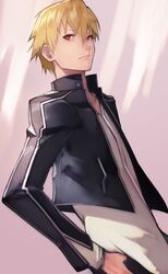  1boy absurdres black_jacket blonde_hair closed_mouth commentary_request cropped_jacket dutch_angle fate/stay_night fate_(series) from_side gilgamesh_(fate) gilgamesh_(immoral_biker_jacket)_(fate) grey_background hair_between_eyes highres jacket long_sleeves male_focus official_alternate_costume open_clothes open_jacket red_eyes shirt short_hair solo thumb_in_pocket white_background white_shirt yoshio_(55level) 