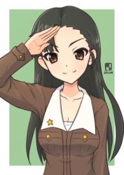  artist_name asymmetrical_bangs black_eyes black_hair border brown_jacket chi-hatan_military_uniform closed_mouth commentary dated female girls_und_panzer green_background highres jacket long_hair long_sleeves looking_at_viewer military military_uniform mizoochi nishi_kinuyo outside_border salute shirt signature smile solo star_(symbol) straight_hair uniform upper_body white_border white_shirt 