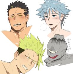  4boys :q achilles_(fate) aqua_hair bara black_hair blush cropped_shoulders cropped_torso facial_hair fate/grand_order fate_(series) fugen_shinjin houshin_engi itto_(mentaiko) jogo_(jujutsu_kaisen) jujutsu_kaisen large_pectorals male_focus mature_male monster_boy multiple_boys muscular muscular_male pectorals sexually_suggestive short_hair spiked_hair stubble sweatdrop tokyo_afterschool_summoners tongue tongue_out translated white_background yellow_eyes zabaniyya_(housamo) 