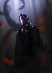  1boy black_coat blurry blurry_background bondrewd coat commentary copyright_name cowboy_shot glowing helmet made_in_abyss male_focus otsumami_(bu-bu-heaven) solo standing tentacle 