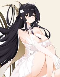  antlers azur_lane black_hair breasts cleavage closed_mouth dress elbow_gloves female flower gloves hair_between_eyes hair_flower hair_ornament highres horns indomitable_(azur_lane) large_breasts long_hair looking_at_viewer simple_background sironekomia1 sleeveless sleeveless_dress solo very_long_hair white_dress white_gloves 