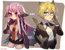  1boy animal_ears artist_name baru_(bar_0405) black_gloves black_jacket black_ribbon black_skirt blonde_hair blunt_bangs border braid breasts cat_boy cat_ears cat_tail collared_shirt commentary_request cowboy_shot cropped_legs danganronpa:_trigger_happy_havoc danganronpa_(series) dog_ears dog_girl female frown glasses gloves hair_between_eyes hair_ribbon hand_up highres jacket kirigiri_kyoko large_breasts long_hair looking_at_viewer necktie oerba_yun_fang open_clothes open_jacket pants pink_eyes pleated_skirt purple_eyes ribbon semi-rimless_eyewear shiny_clothes shirt short_hair skirt tail togami_byakuya white_border white_shirt 