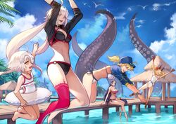  5girls absurdres ahoge alternate_costume artoria_pendragon_(fate) barefoot baseball_cap bikini black_bikini black_choker black_jacket blonde_hair blue_eyes blue_jacket blue_sky breasts casual_one-piece_swimsuit choker cloud commentary_request cropped_jacket day eyepatch_bikini facial_mark fate/grand_order fate_(series) flat_chest forehead_mark hair_through_headwear hat headpiece highres horns ibaraki_douji_(fate) ibaraki_douji_(swimsuit_lancer)_(fate) ibaraki_douji_(swimsuit_lancer)_(second_ascension)_(fate) innertube jacket jeanne_d&#039;arc_alter_(fate) jeanne_d&#039;arc_alter_(swimsuit_berserker)_(fate) jeanne_d&#039;arc_alter_santa_lily_(fate) jumping large_breasts long_hair low-tied_long_hair medium_breasts midair minamoto_no_raikou_(fate) minamoto_no_raikou_(swimsuit_lancer)_(fate) multiple_girls mysterious_heroine_xx_(fate) navel o-ring o-ring_bikini o-ring_bottom o-ring_top ocean one-piece_swimsuit oni oni_horns outdoors palm_tree parted_bangs pier pointy_ears purple_bikini purple_eyes purple_hair red_legwear shrug_(clothing) side-tie_bikini_bottom single_thighhigh sitting sky small_breasts swim_ring swimsuit tentacle thigh_strap thighhighs tree very_long_hair water white_bikini white_hair white_one-piece_swimsuit wristband yellow_eyes yoshio_(55level) zipper_pull_tab 