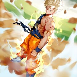  1boy absurdres alternate_hairstyle aqua_eyes aura battle_damage blonde_hair blood blood_from_mouth boots clenched_hand commentary_request cuts dougi dragon_ball dragon_ball_z dutch_angle floating_rock highres injury looking_at_viewer male_focus manly muscular muscular_male namek pants sash serious solo son_goku spiked_hair super_saiyan super_saiyan_1 torn_clothes torn_pants wristband yoshio_(55level) 