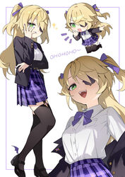  absurdres bat_ornament black_footwear black_thighhighs blazer blonde_hair blush bow bowtie chinese_commentary chuunibyou collared_shirt commentary eyepatch female fischl_(genshin_impact) garter_straps genshin_impact green_eyes hair_over_one_eye hair_ribbon highres jacket long_hair mary_janes open_mouth pleated_skirt purple_bow purple_bowtie purple_ribbon ribbon school_uniform shao_(shaorouhong) shirt shoes simple_background skirt smile solo thighhighs two_side_up white_shirt 