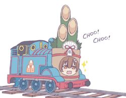  :3 :d bamboo bone_hair_ornament brown_eyes brown_hair cartoon_bone commentary crossover english_commentary english_text female fusion hair_between_eyes hair_ornament hololive inugami_korone kadomatsu kukie-nyan locomotive open_mouth parody railroad_tracks simple_background smile sparkle steam_locomotive thomas_the_tank_engine thomas_the_tank_engine_(character) train twitter_username virtual_youtuber white_background 