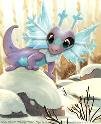  2021 agamid ambiguous_gender black_body black_scales blue_body blue_eyes blue_scales digital_media_(artwork) digital_painting_(artwork) feral frill_(anatomy) frilled_lizard humor lizard neck_frill outside piper_thibodeau plant pun purple_body purple_scales reptile rock scales scalie shrub snow snowflake solo text tree url visual_pun 