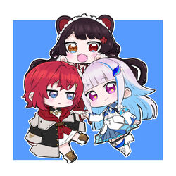  3girls :&lt; :d ange_katrina ange_katrina_(1st_costume) animal_ears armband black_footwear black_hair black_jacket blue_background blue_eyes blue_hair blue_legwear blue_skirt blush boots border brown_eyes brown_footwear chibi closed_mouth commentary_request cross-laced_footwear dog_ears dog_hair_ornament flower hair_flower hair_intakes hair_ornament hairclip heterochromia highres inui_toko jacket knee_boots lace-up_boots lize_helesta lize_helesta_(1st_costume) long_hair long_sleeves looking_at_viewer low_twintails maid_headdress multicolored_hair multiple_girls nijisanji nozo_(hitomiz) oerba_yun_fang off_shoulder outline parted_lips pink_hair pleated_skirt purple_eyes red_eyes red_flower red_hair red_jacket red_skirt sanbaka_(nijisanji) shirt skirt smile sparkling_eyes thighhighs thighhighs_under_boots triangle_mouth twintails two-tone_background two-tone_hair very_long_hair virtual_youtuber white_background white_footwear white_jacket white_outline white_shirt 