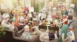  6+girls aged_down alina_(arknights) animal_ears antlers arknights aunt_and_niece bad_id bad_pixiv_id bare_arms barefoot bear_ears black_legwear blue_hair card cellphone ch&#039;en_(ageless_afterglow)_(arknights) ch&#039;en_(arknights) china_dress chinese_clothes chips_(food) choshanland_plushy_(arknights) cleavage_cutout clothing_cutout commentary_request double_bun dragon_horns dragon_tail dress drill_hair father_and_daughter feet flip_phone food full_body green_hair hair_bun highres holding holding_phone horns hoshiguma_(arknights) hotpot kneepits lin_(arknights) mask mouth_mask multiple_girls ninja ninja_mask official_alternate_costume phone playing_card poker potato_chips princess_fumizuki_(arknights) rat_king_(arknights) red_dress shirayuki_(arknights) single_horn skin-covered_horns sleeveless sleeveless_dress smartphone smile snowsant_(arknights) songchuan_li stoat_girl stuffed_animal stuffed_rabbit stuffed_toy swire_(arknights) tail talulah_(arknights) tiger_ears tiger_girl uncle_and_niece weasel_ears wei_yenwu_(arknights) 