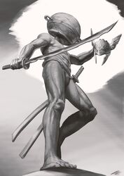  1boy absurdres barefoot boiled_egg27 elden_ring foreshortening greyscale helmet highres holding holding_sword holding_weapon katana let_me_solo_her long_hair male_focus malenia_blade_of_miquella monochrome muscular muscular_male navel pot_on_head simple_background solo sword tarnished_(elden_ring) toes topless_male weapon 