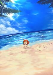  :d absurdres ahoge beach completely_nude day fate/grand_order fate_(series) female from_side fujimaru_ritsuka_(female) hair_between_eyes highres horizon nude ocean open_mouth orange_eyes orange_hair outdoors palm_tree riyo_(lyomsnpmp)_(style) smile solo tree walking yoshio_(55level) 