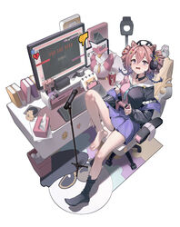  absurdres animal_ears arknights bike_shorts bike_shorts_under_skirt black_collar black_headphones black_jacket black_shirt black_shorts black_socks blue_jacket blue_necktie book can cat_ears chair character_doll character_rug chinese_commentary collar commentary_request computer_keyboard cone_hair_bun controller crying crying_emoji crying_with_eyes_open desk detached_collar drill_hair drink_can duck_lord_(arknights) emoji female food from_above fruit full_body game_over gaming_chair gopnik_(arknights) hair_bun hamster headphones heart highres holding holding_controller jacket knee_up long_hair long_sleeves looking_at_viewer microphone microphone_stand mismatched_socks monitor necktie open_mouth pink_hair pink_shirt pleated_skirt purple_eyes purple_hair purple_skirt sailor_collar shirt shorts shorts_under_skirt simple_background single_barefoot single_sock skirt socks soda_can solo sticker strawberry swivel_chair tears thumbs_down tissue_box trash_can twin_drills twintails two-sided_fabric two-sided_jacket u-official_(arknights) unworn_socks white_background x you_died zhoi_star 